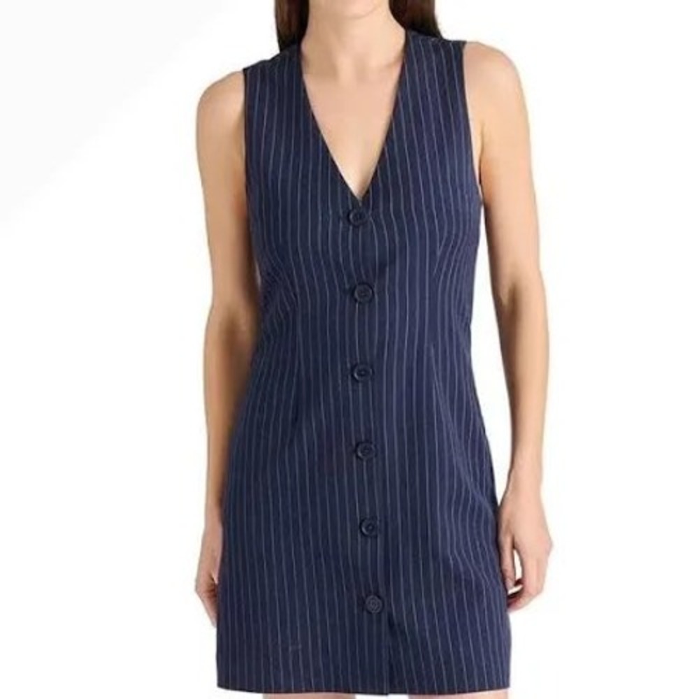 Steve Madden Navy Blue Pinstripe Button Down V-Neck Mini Vest Dress Small